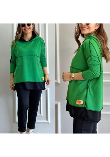 Kadın Yeşil Kapşonlu Etek Ucu Detay Arma Ters Dikiş Gorunumlu Ikili Takım Yeşil
