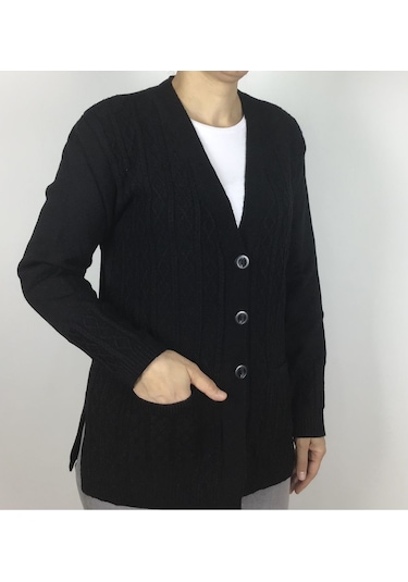 Önü Düğmeli Cepli Yünlü Kısa Anne Hırka Siyah