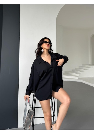 Paw Garage Kadın Flory Ayrobin Oversize Tek Cep Gömlek Siyah