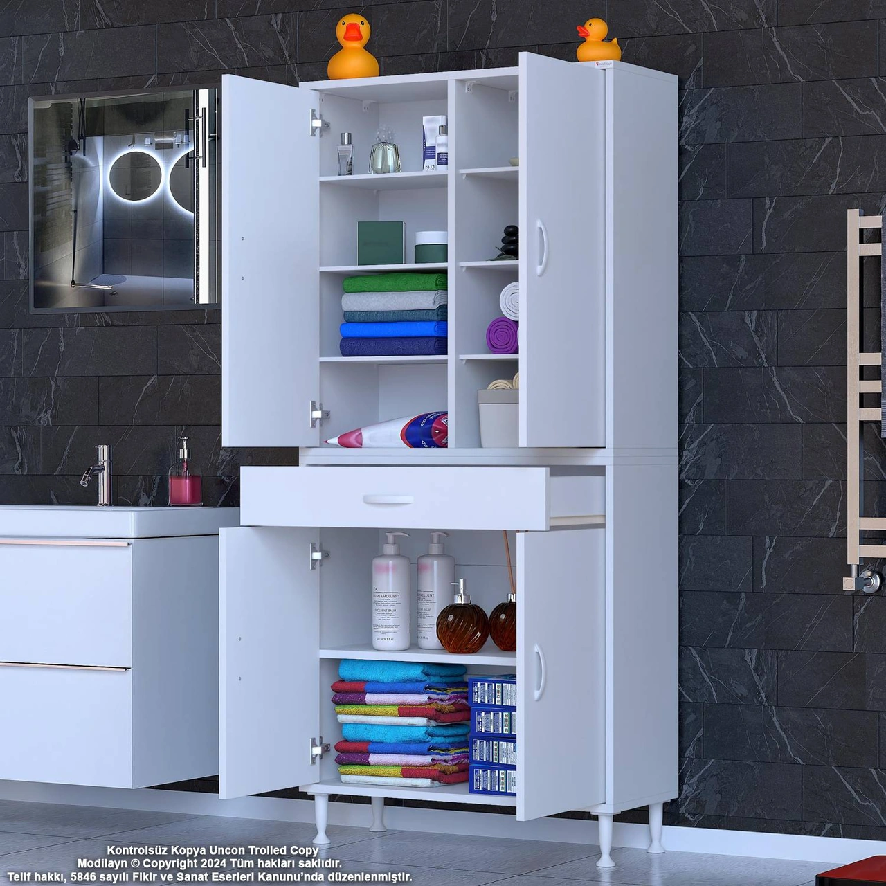 Sare Banyo Ve Mutfak Dolabı Çok Amaçlı Dolap Tek Çekmece 4 Kapak 7 Raf 10 Bölme 75x173x32,5 Cm Beyaz