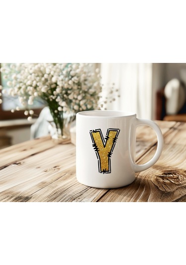 Y Harfi Gold Simli Kupa Işıltılı Alfabe Harf Tasarımlı Kahve Kupası - Kişiye Özel Hediye Beyaz
