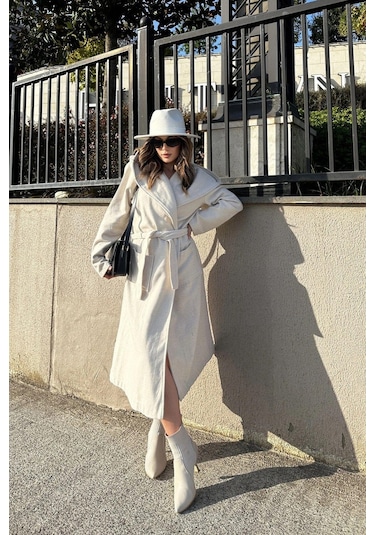 Kadın Ekru Kruvaze Yaka, Kapüşonlu, Çift Cepli, Beli Kemerli, Uzun Kaşe Kaban Astarsız Ekru