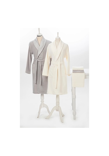 Camellia Gri Krem Aile Bornoz Seti Banyo Paspas 4542 Gri - Krem