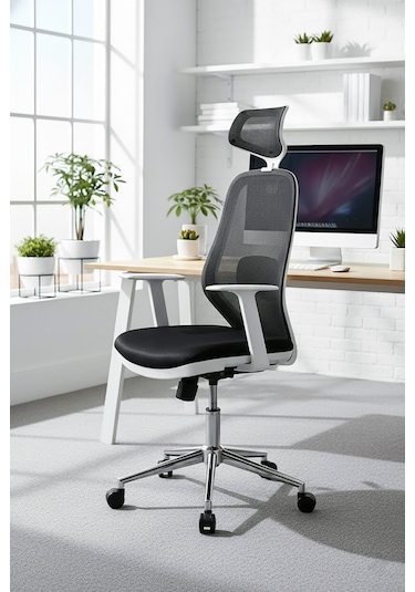 Ofisbazaar Dali Beyaz Fileli Yönetici Koltuğu Ergonomik Başlıklı Ofis Koltuğu Siyah Fileli Siyah