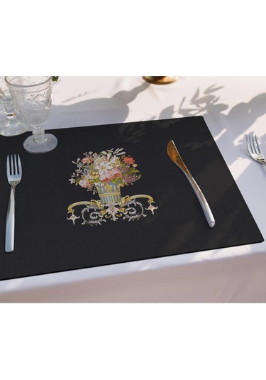 Siyah Figüratif Çiçek Kumaş Amerikan Servis 4'lü Set Keten, Ulusl. Yıkama Ve Solmama Sertifikası Çok Renkli