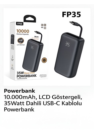10000mah Lcd Dijital Göstergeli 35w Hızlı Şarjlı Powerbank - 56cm Type-c Kablolu Siyah