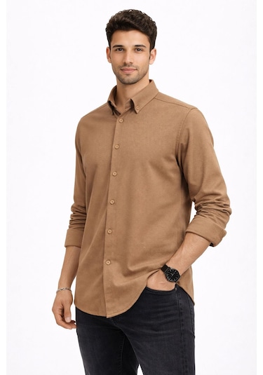 Classics Men Plus Barkod Uzun Kol Slim Fit Erkek Gömlek - 7579 Kahverengi