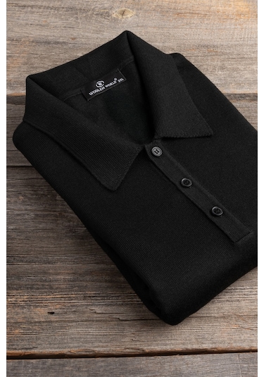 Woolen World Polo Yaka Battal Büyük Boy Yünlü Triko Kazak Siyah