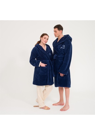 Uzun Kapüşonlu Welsoft Sabahlık Aile Seti-Lacivert