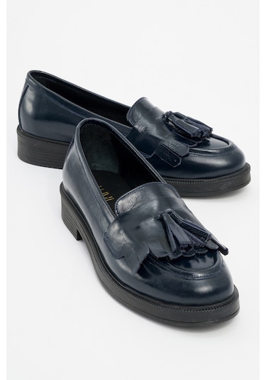 Milina Laci Rugan Püsküllü Hakiki Deri Kadın Loafer Ayakkabı Lacivert