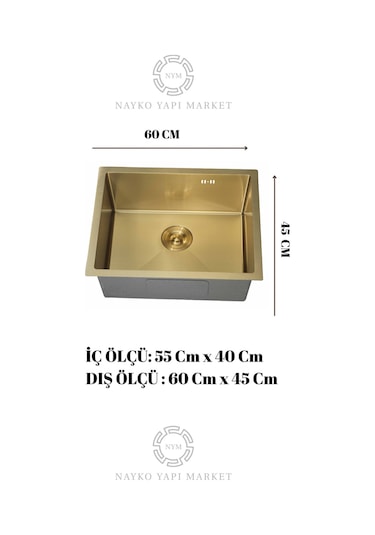 Dysnox Luna Serisi %100 Krom 60 x 45 CM Paslanmaz Mutfak Eviye Sifon Dahil Altın