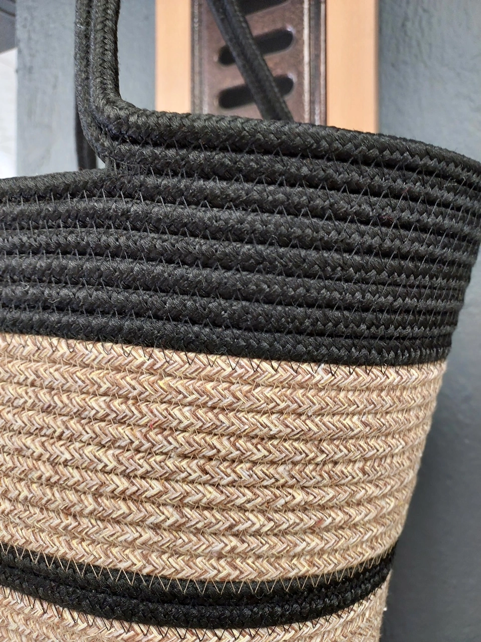 Doğal Hasır Jüt El Örmesi Bayan Çanta-bej Siyah Çizgili V1 Bej