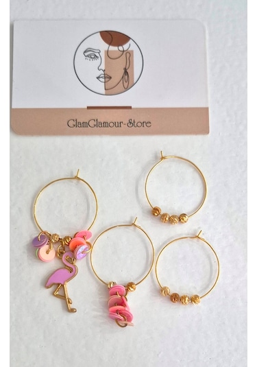 Pembe Flamingo Gold Halka Dörtlü Bayan Küpe Set Gold - Pembe