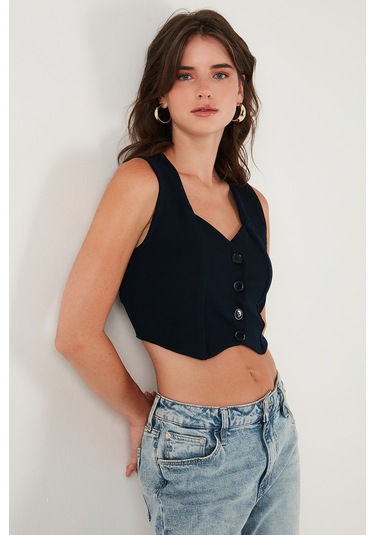 Lela Slim Fit Kalp Yaka Düğmeli Kalın Askılı Crop Bayan Yelek 5865497 Lacivert