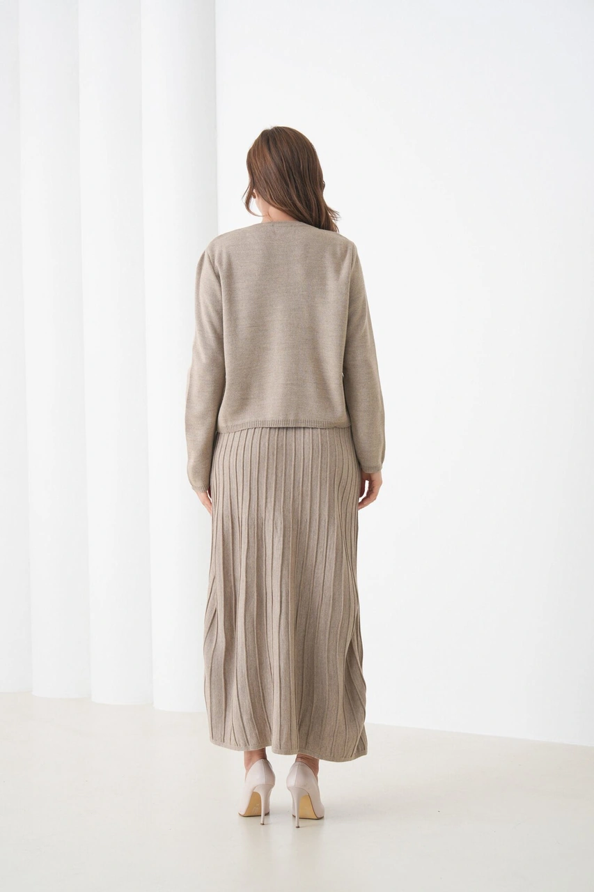 Kadın Pileli Etek Kazağı Düğmeli Tesettüre Uygun Örgü Triko Etekli Ceket Takım Vizon