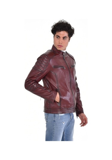 Hakiki Deri Fermuarlı Hakim Yaka Dört Cepli Erkek Deri Ceket Kahverengi Kahverengi