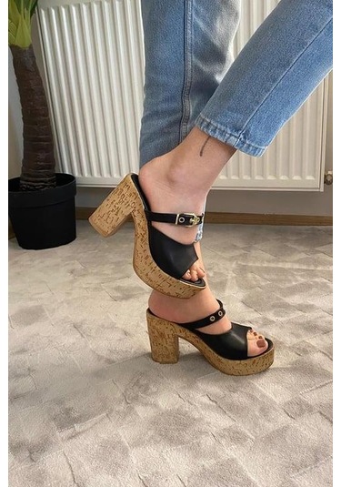 Asmi Shoes Kadın Tena Mantar Taban Platform Topuklu Terlik 10 Cm Snd456 Siyah Siyah