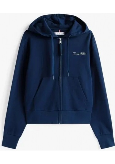 Tommy Hilfiger Kadın Yazı Baskılı Pike Fermuarlı Kapüşonlu Mavi Sweatshirt Ww0ww45742c1g Mavi