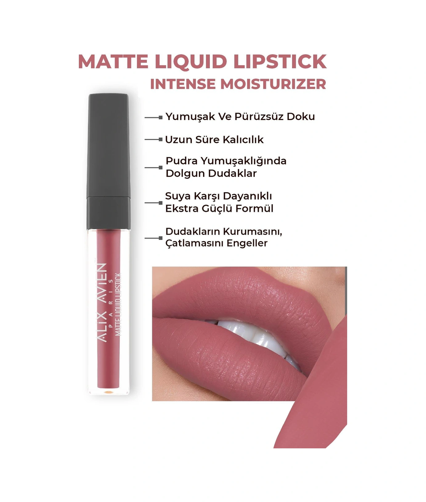 Alix Avien Uzun Süre Kalıcı Kadifemsi Kuruma Yapmayan Mat Likit Ruj Matte Liquid Lipstick 508 Bright Rose