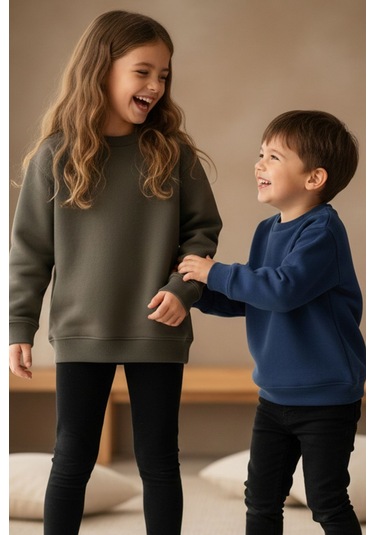 Zuzunga 2'li Basic Şardonlu Çocuk Sweatshirt Haki - Lacivert 9003