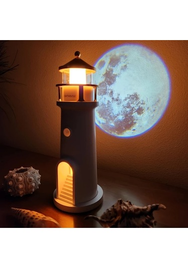 Honeybeeshop Beyaz Ay Lambası Projektör Gece Lambası Fener Dekorasyon Şarj Edilebilir Led Galaksi Projektörü Hareket Sensörlü Beyaz