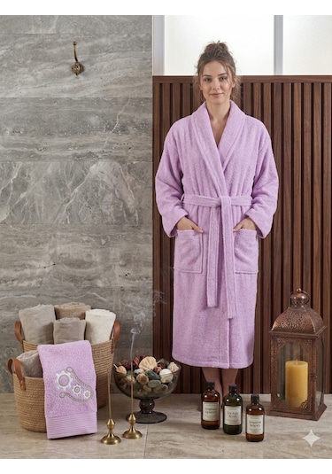 Premium 2'li Aile Bornoz Seti Çeyizlik Pamuklu Hediyelik Banyo Takımı L/xl Leylak
