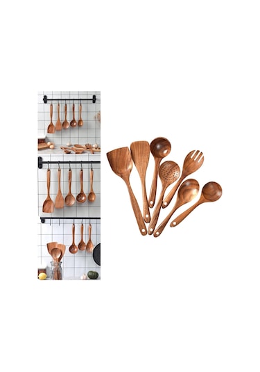 Suntek Magideal Ahşap Mutfak Gereçleri Set Yapışmaz Tik Ev 7-adet