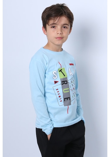 Hçm Erkek Çocuk Uzun Kollu Tshirt Stay True Baskılı Bisiklet Yaka E29 Turkuaz