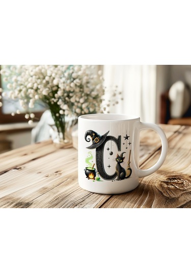 C Harfli Halloween Kedili Figür Kupa Bardak - Şapkalı Ve Kazanlı İsme Özel Kupa - Hediye 07 Beyaz