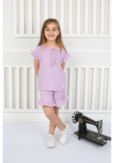 Fırfır Detaylı Şortlu Yazlık Kız Çocuk Takım Lila