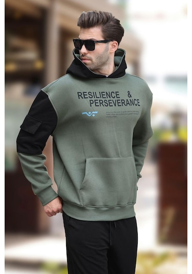 Madmext Haki Kapüşonlu Cep Detaylı Baskılı Erkek Sweatshirt 7058-haki Haki
