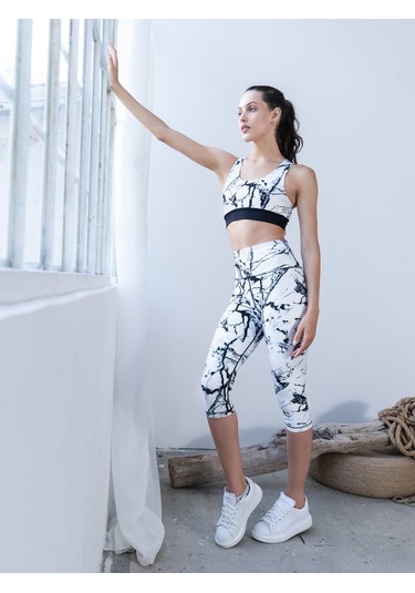 Mermer Desen Toparlayıcı Spor Kapri Tayt Beyaz - Siyah