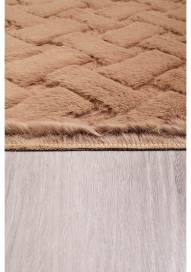 Desenli Tavşan Tüyü Yumuşak 2 Li Banyo Paspası Kaymaz Tabanlı Klozet Takımı Camel Camel