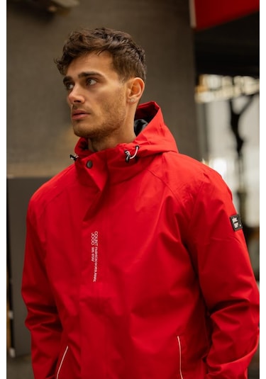 Yeast İçi Astarlı Suya Dayanıklı Kapşonlu Fermuarlı Yağmurluk - Kırmızı Kırmızı