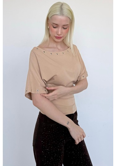 Madmext Taş Rengi Off Shoulder Metal Detaylı Kadın Bluz Mg2671 Taş Rengi