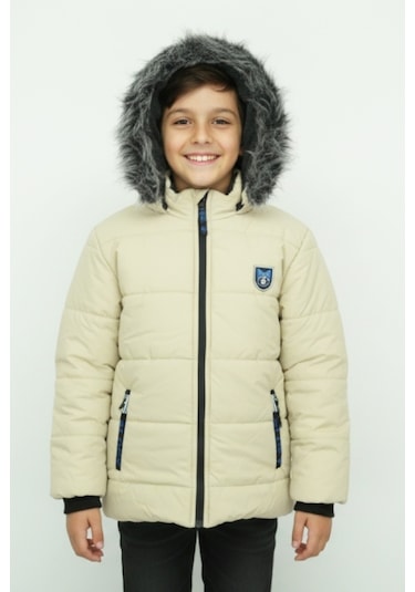 Erkek Çocuk İçi Peluş Astarlı-kürk Kapüşonlu-fermuarlı Mont 12369 Ekru