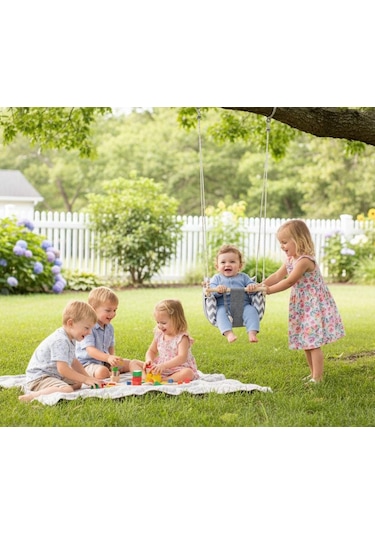 Ahşap Çocuk & Bebek Salıncağı Gri Renk Minder Yastık Ve Diş Halkalı Tavan Salıncak