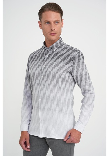Comfort Fit Pano Desen Düğme Yaka %100 Keten Gri Gömlek G 1594 Gri