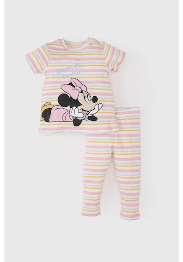 DeFacto Kız Bebek Disney Mickey & Minnie Pijama Takımı Fitilli Kaşkorse Kısa Kollu Üst Beli Lastikli Uzun Alt E0767A525SMER98 Ekru