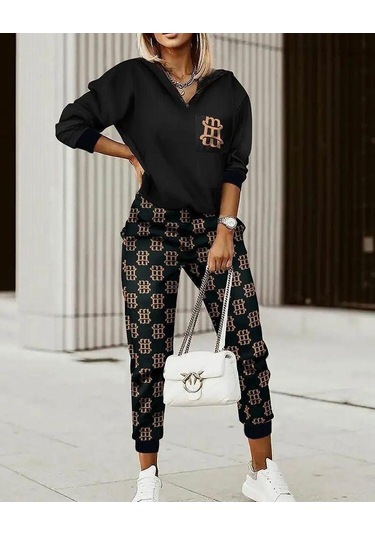 Kadın Uzun Kollu Iki Iplik Kumaş Fermuar Ve Cep Detay Kapüşonlu Ikili Takım Siyah