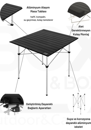 Box&box Alüminyum, Katlanabilir Kamp Ve Piknik Masası, Omuz Askılı Taşıma Çantasıyla Xl, Siyah Siyah