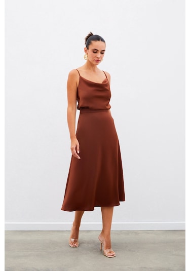 Sateen Midi Boy Saten Etek - Kahve-134960 Kahve