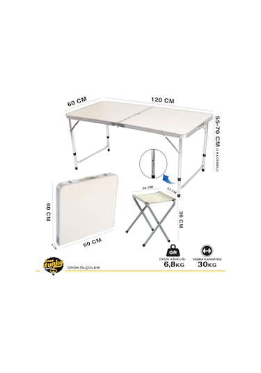 FUNKY CHAIRS Şemsiyeli Tabureli Katlanabilir Piknik Masası Seti - Gri Gri