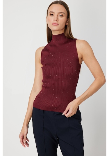 On Kadın Taşlı Kolsuz Triko Bluz 66375 Bordo Bordo