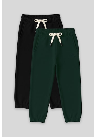 Standart Fit Basic 2li Paket Siyah-çam Yeşili Erkek Çocuk Eşofman Alt - 11225 Siyah - Yeşil