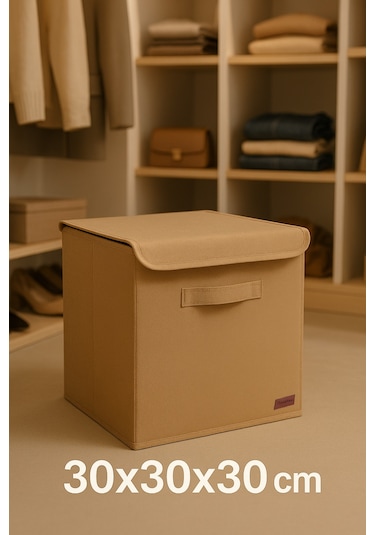 Bej Kapaklı Dolap Içi Çamaşır Oyuncak Düzenleyici Katlanır Kapaklı Saklama Kutusu 30x30x30 Gri