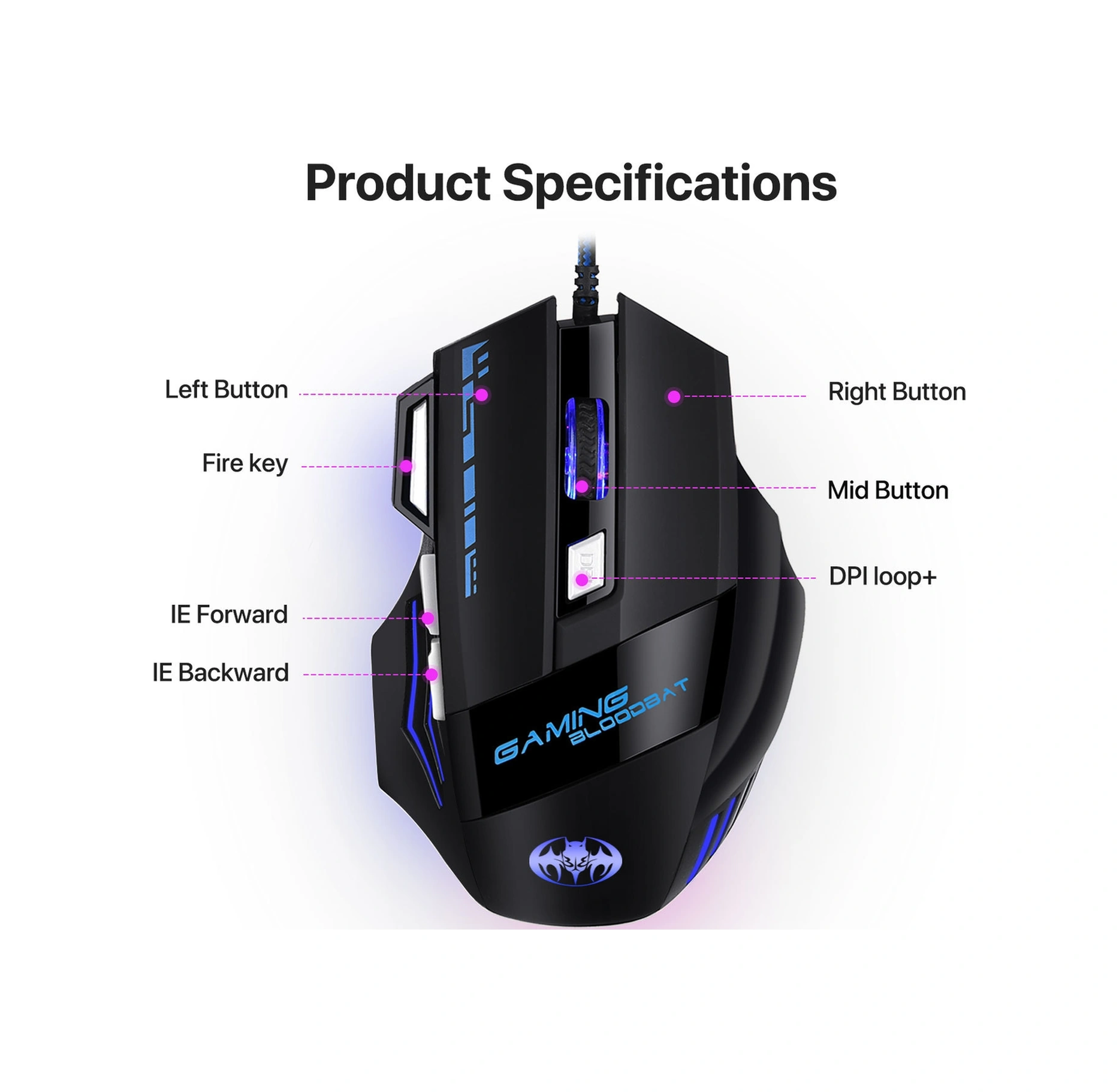 Sones Gamıng Bloodbat Gm02 7 Tuşlu Usb Kablolu Optoelektronik Oyun Faresi Dijital Solunum Işıkları Faresi Diğer