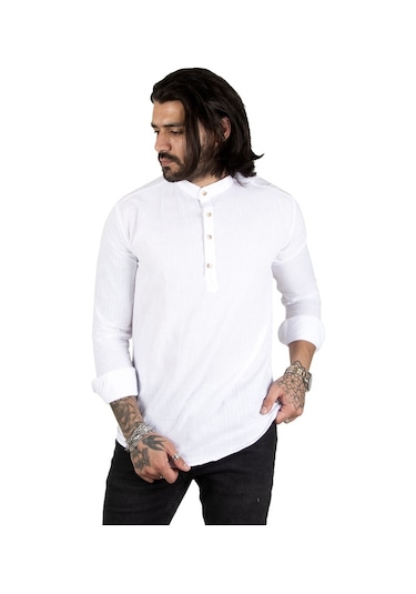 Deepsea Erkek Beyaz Yarım Düğme Gömlek 2201914 Beyaz