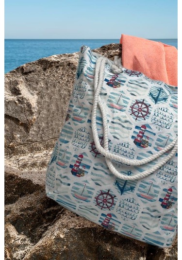 Deniz Desenli Fermuarlı Omuzdan Askılı 45x40 Cm Mavi Plaj Çantası Mavi