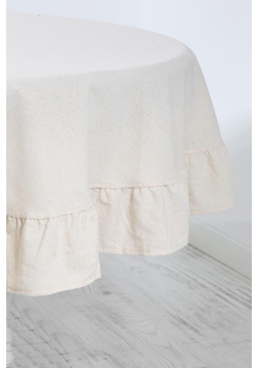 Naturel Fırfırlı Masa Örtüsü Vintage Yuvarlak Krem